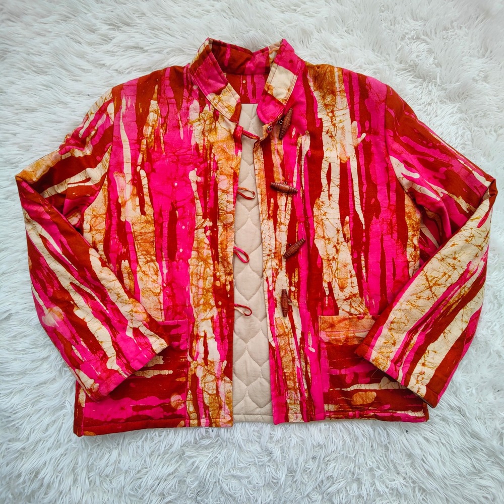 Handmade Batik Quilted Jacket Pink Orange Tie Dye Artโ Coat Toggle Closure Boho